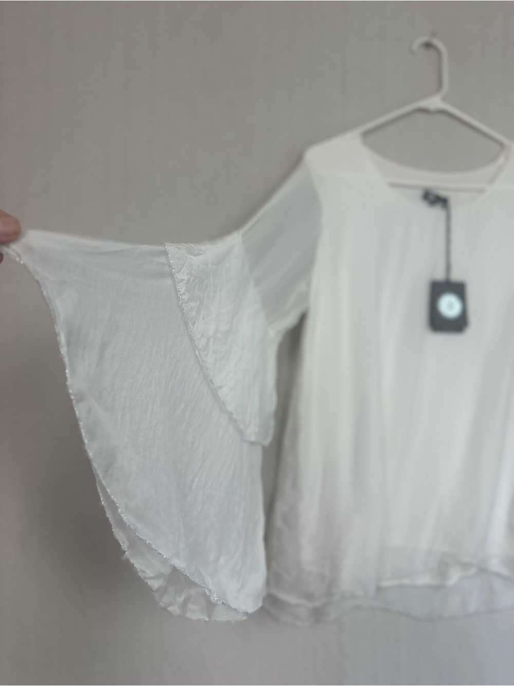 NWT M Made in Italy Silk White Dramatic Bell Sleeves Blouse Top Sz L